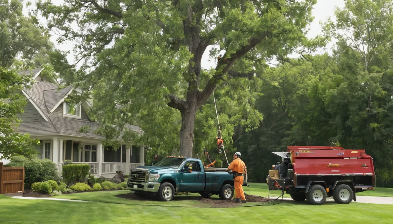 A local tree removal provider cutting a large backyard tree in sections near a frame house in Orland Park